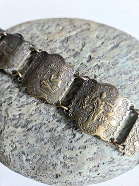 Vintage 50s Silver Plate(?) Metal Link Bracelet Souvenir Du Maroc Arabian Nights